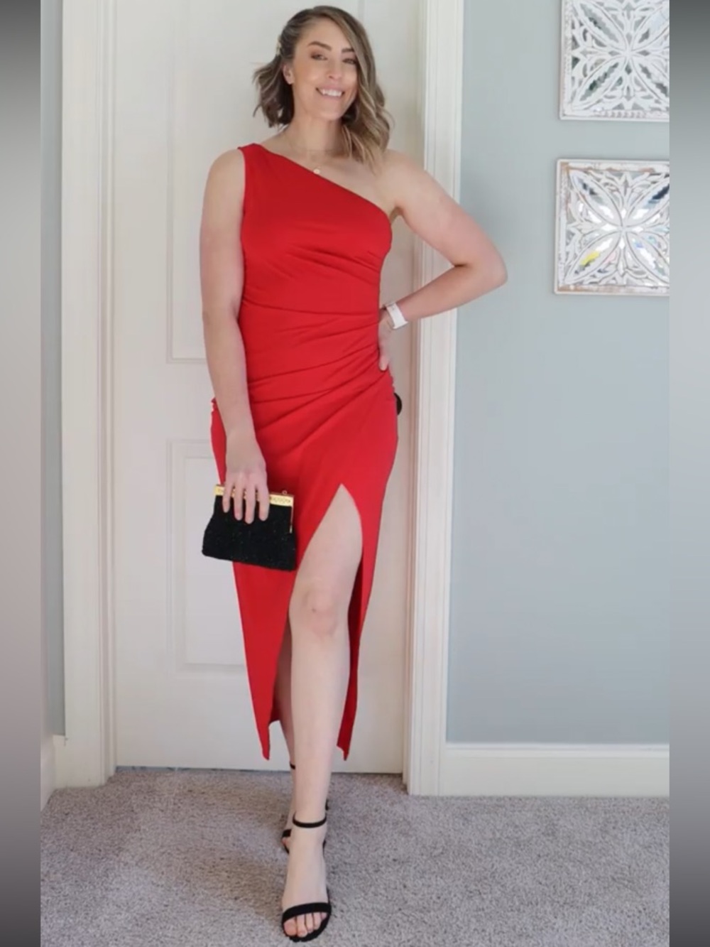 Red One-Shoulder Asymmetrical Midi Dress With Slit on Leg | Size Large